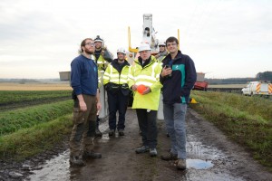 Martin Mere Reserve Manager Tom Clare (left) and student Chris Taylor (right) with Electricity NW's live line team