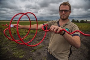 Big and red and hangs on power lines at Martin Mere to warn birds. The spiral that is, not Tom Clare our wonderful warden...