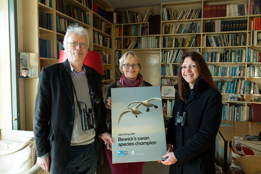 RSPB's Paul Buckley and WWT's Dr Debbie Pain with Julie Girling MEP in Sir Peter Scott's studio