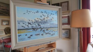 Peter Scott's last unfinished painting of his vision of what London Wetland Centre would look like, still on easel (finished by Keith Shackleton)