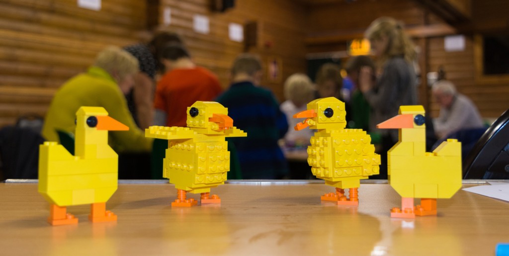 A group of Lego ducklings that have been made in the Lego workshop at WWT Martin Mere.
