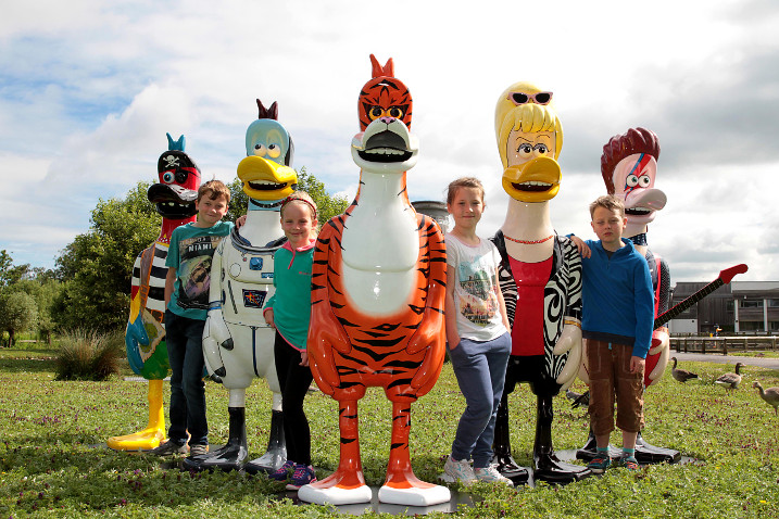 WWT Slimbridge Celebratory Dusty Duck Trail Launch (Open to the public 9th July to 10th September 2016) - Will Fairall (10), Charlotte Townsend (9), Eryn Wagstaff (9) and Dylan Lewis (10) from Slimbridge Primary School with Pirate Justy Dusty by Justin Fletcher, Astro Dusty by Ellie Harrison, Smarked's Tiger Dusty by Sam Nixon & Mark Rhodes, Patsy Dusty by Joanna Lumley and Ziggy Stardusty by Chris Packham- 4.7.16 Picture by Antony Thompson - Thousand Word Media, NO SALES, NO SYNDICATION. Contact for more information mob: 07775556610 web: www.thousandwordmedia.com email: antony@thousandwordmedia.com The photographic copyright (© 2016) is exclusively retained by the works creator at all times and sales, syndication or offering the work for future publication to a third party without the photographer's knowledge or agreement is in breach of the Copyright Designs and Patents Act 1988, (Part 1, Section 4, 2b). Please contact the photographer should you have any questions with regard to the use of the attached work and any rights involved.