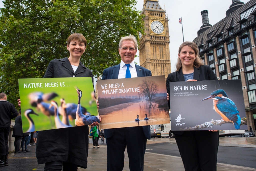 Green Party MP Caroline Lucas, WWT Chief Exec Martin Spray and Labour Shadow Environment Secretary Rachael Maskell