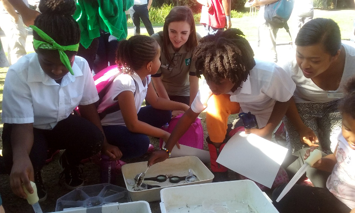 WWT staff helping pupils identify freshwater creatures