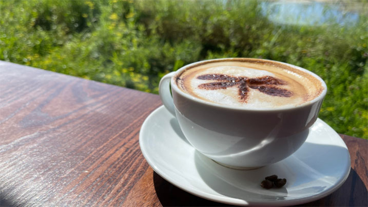 coffee in a cup on a table with a dragonfly shape in the froth