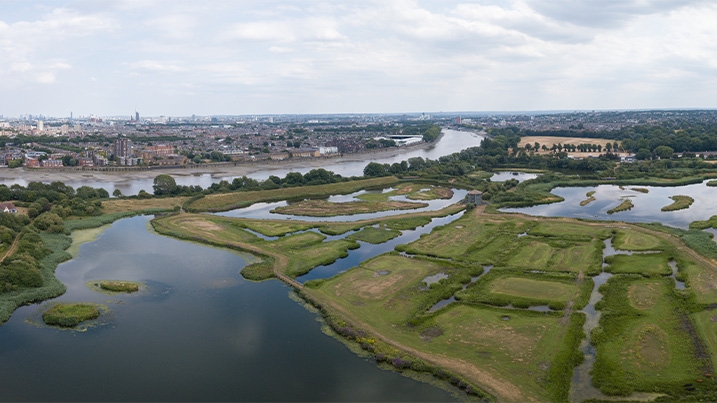 Aerial view of the wetlands at WWT London Wetland Centre with the river Thames and the city in the background