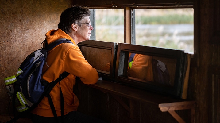 Judith looking out the window of a bird hide onto the wetlands beyond