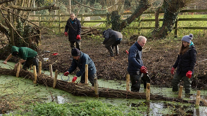 A group of people in WWT uniforms work in a stream to build flood defenses out of willow and plant material