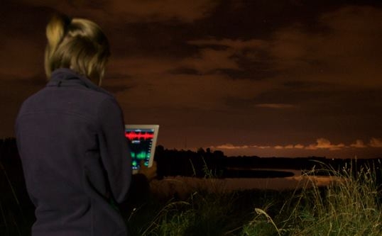 A warden holding a bat detector. 