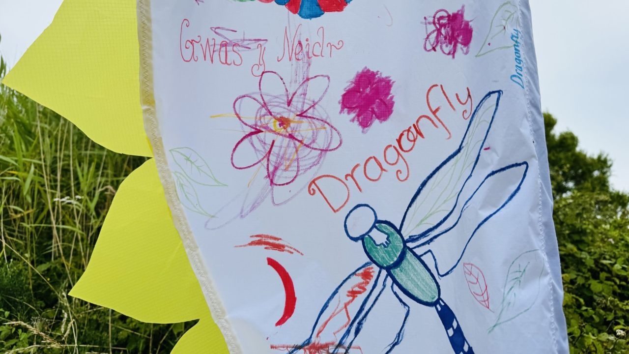 Canolfan Deuluol Betws Family Centre Design Flags for New WWT Dragonfly Festival