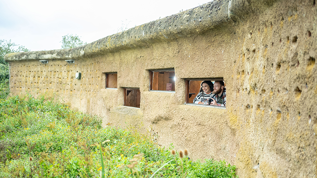 Two people look out a window of a long, low building that looks like it is made of sandstone.