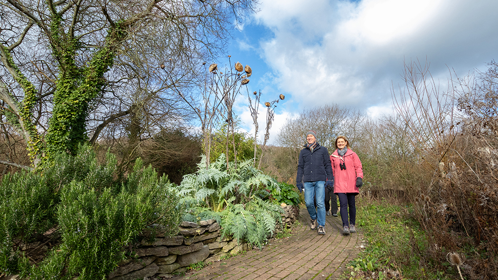 Two people walk on a brick path through a garden in winter time