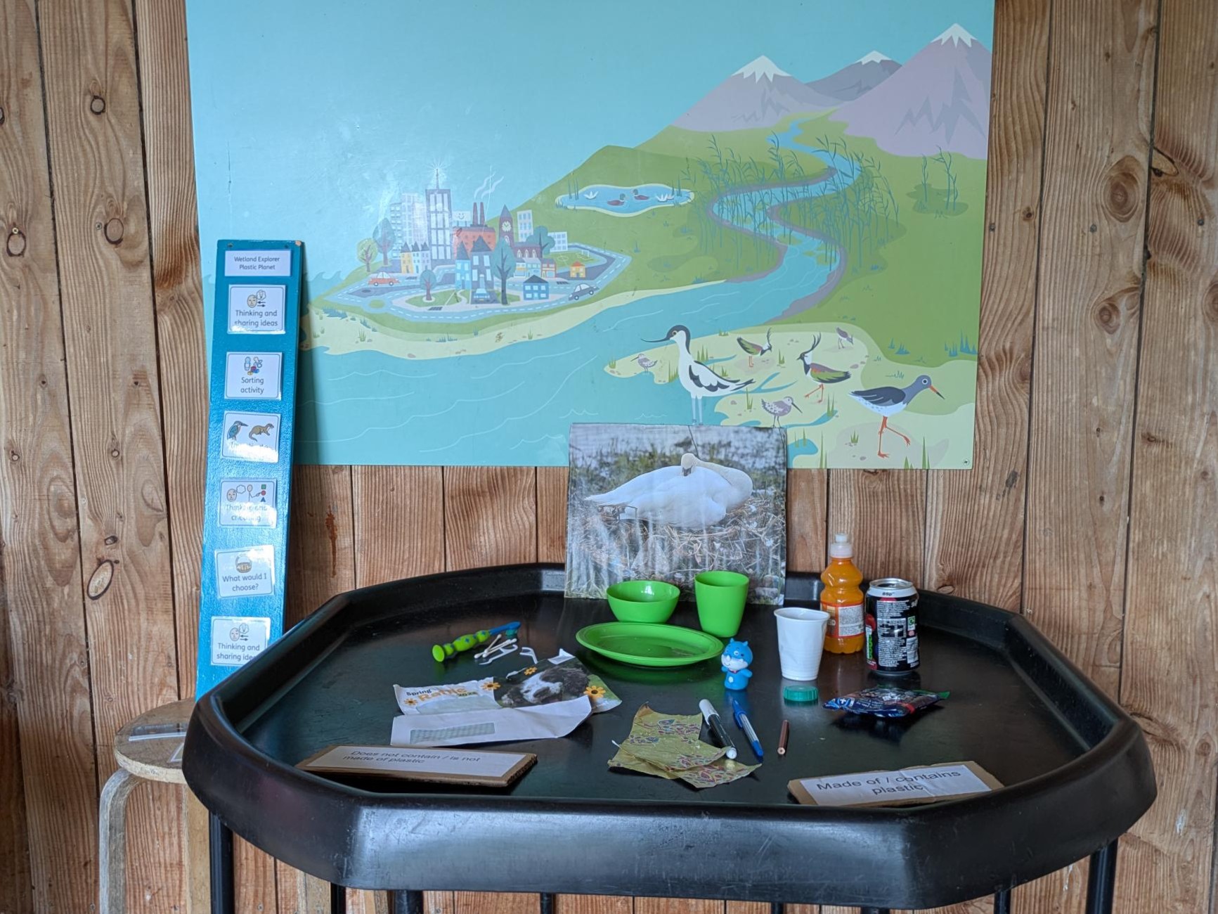 Table with items made of plastic in front of an image of a swan with plastic in its nest and a diagram showing pollution from factories affecting bird habitats