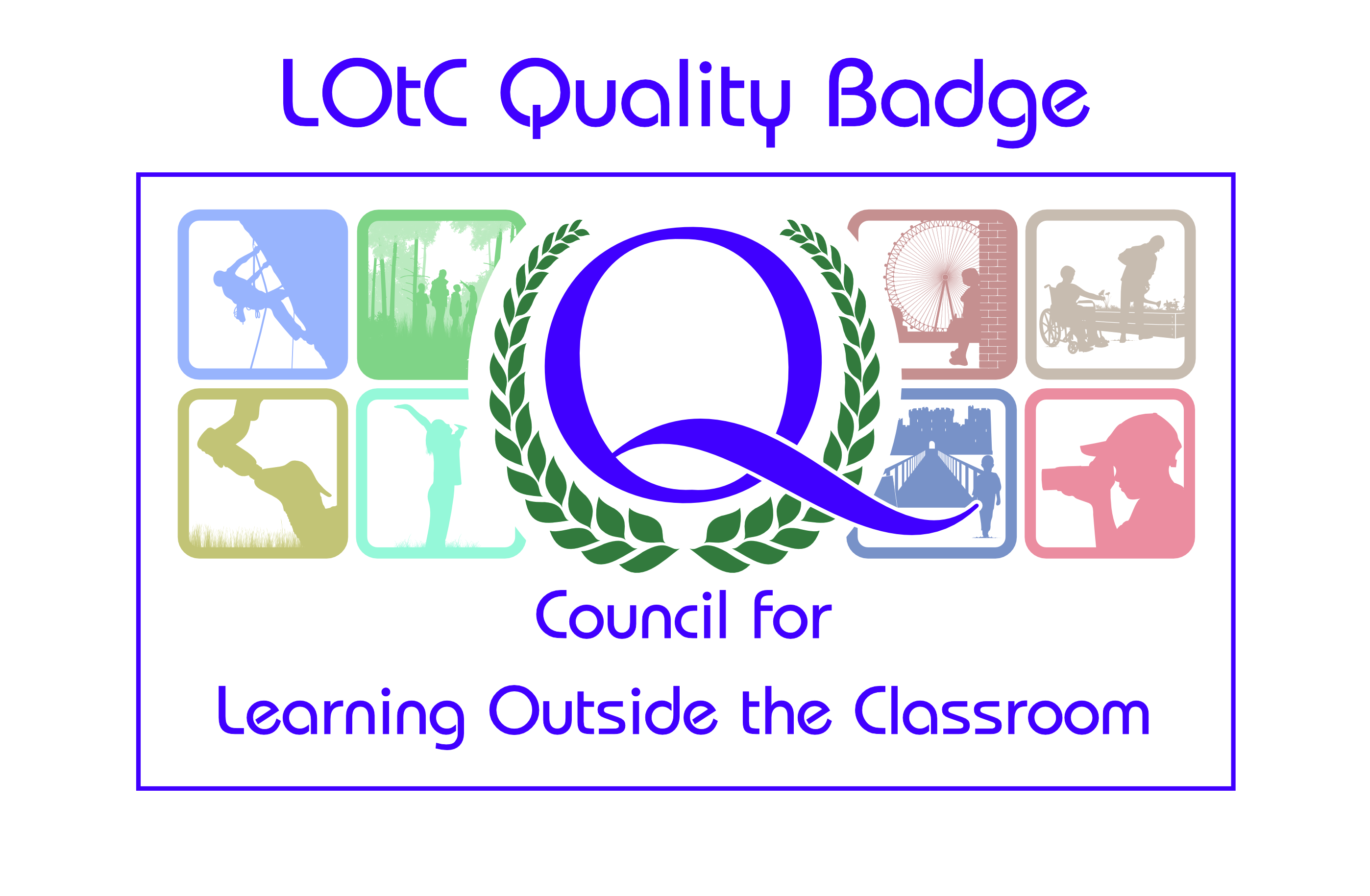 LOtC Quality Badge with purple text and Q logo surrounded by illustrations of outdoor activities