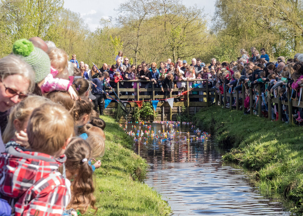 Families stand around as they watch rubber ducks race in the water