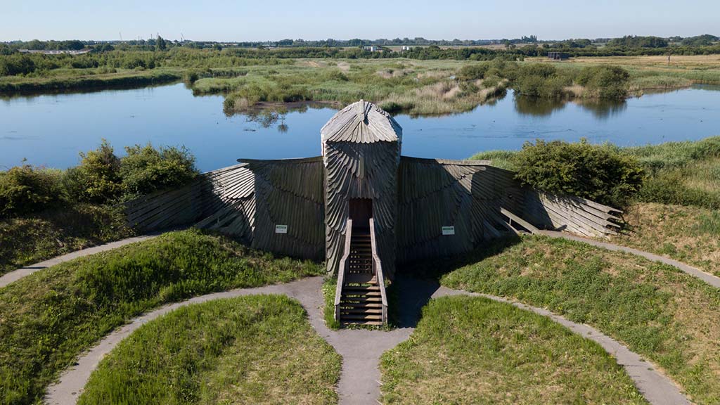An aerial shot of the Harrier Hide at WWT Martin Mere