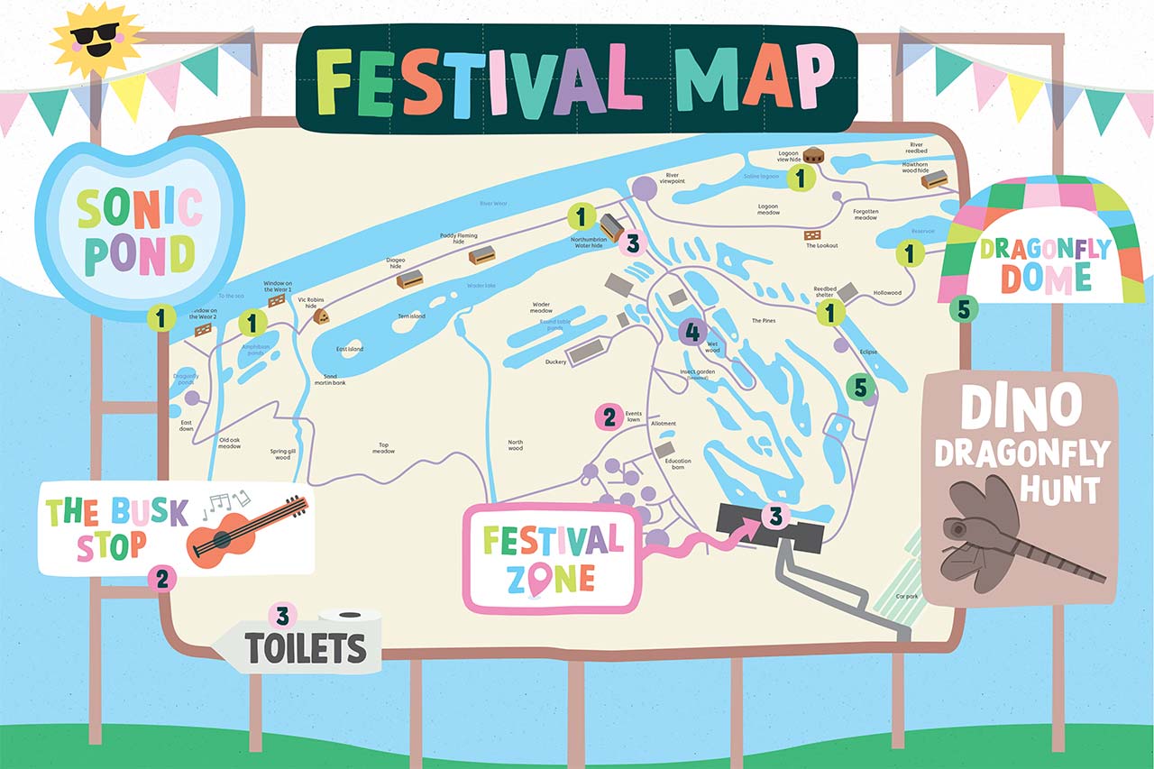 A colourful map with all the activities you can experience at WWT Washington's Dragonfly Festival