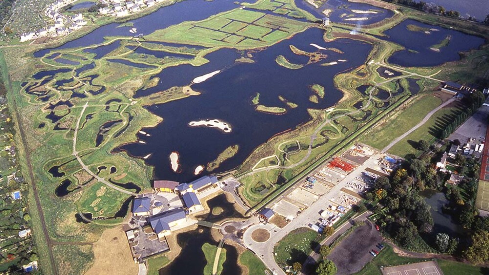 Aerial view of WWT London Wetland Centre under construction